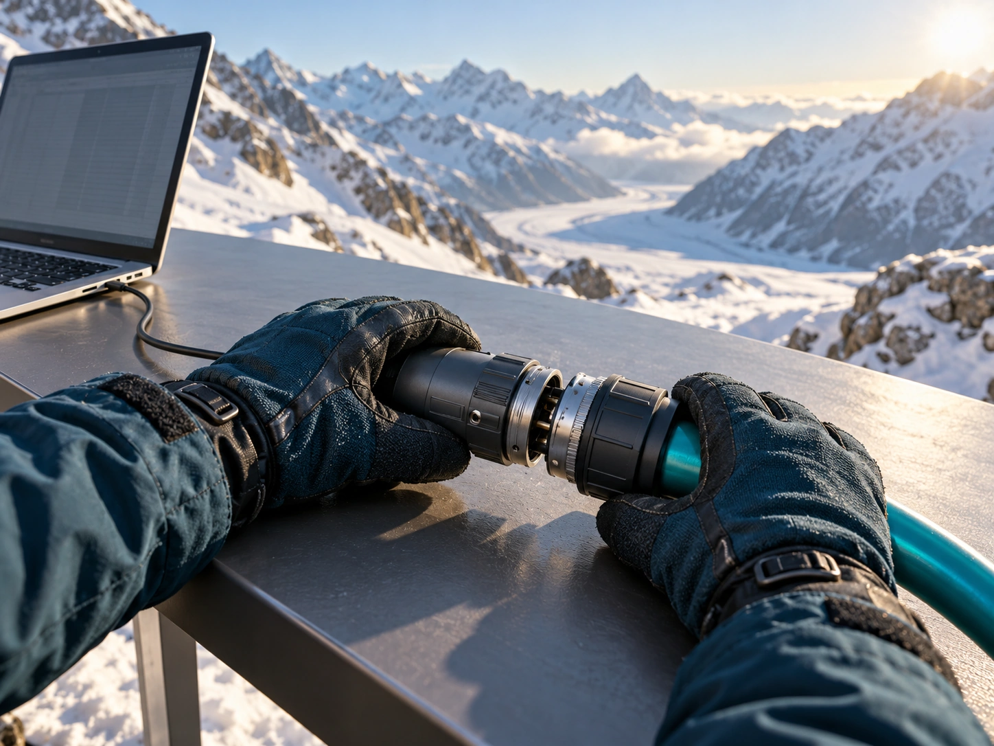 Zwei Hände mit Winterhandschuhen verbinden am Outdoor-Schreibtisch das Laptopkabel über einen Adapter mit einem dicken Petrolkabel, vor verschneiten Bergen.